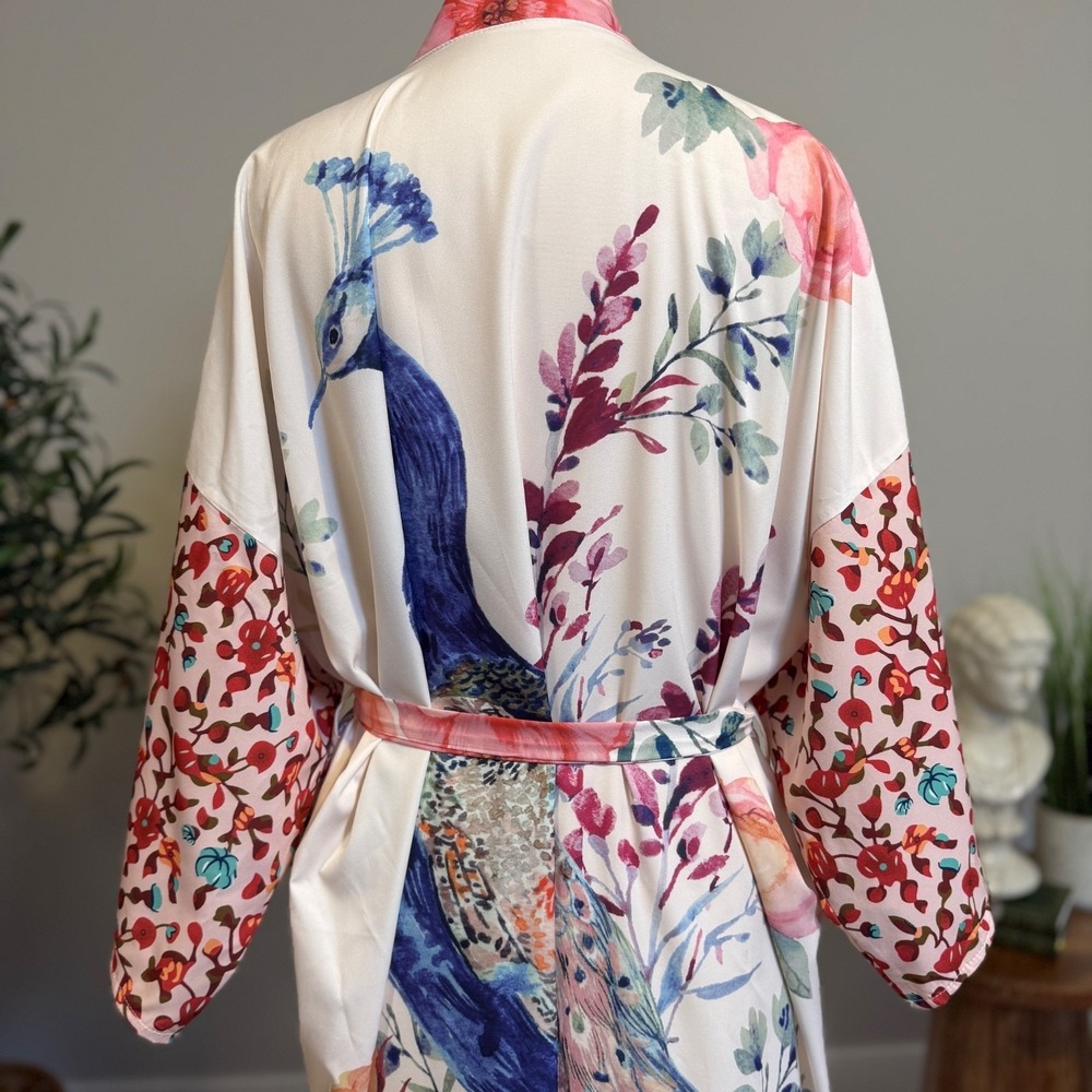 Peacock Floral Satin Kimono Robe One Size Belted Long Duster Cover Up Loungewear - Picture 9 of 15